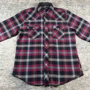 Wrangler Flannel Pearl Snap Shirt Shacket Men's Large Maroon Plaid Long‎ Sleeve